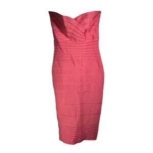 HERVE LEGER Strapless Chili Coral Bandage Cocktail Bodycon Midi Dress Sz XS